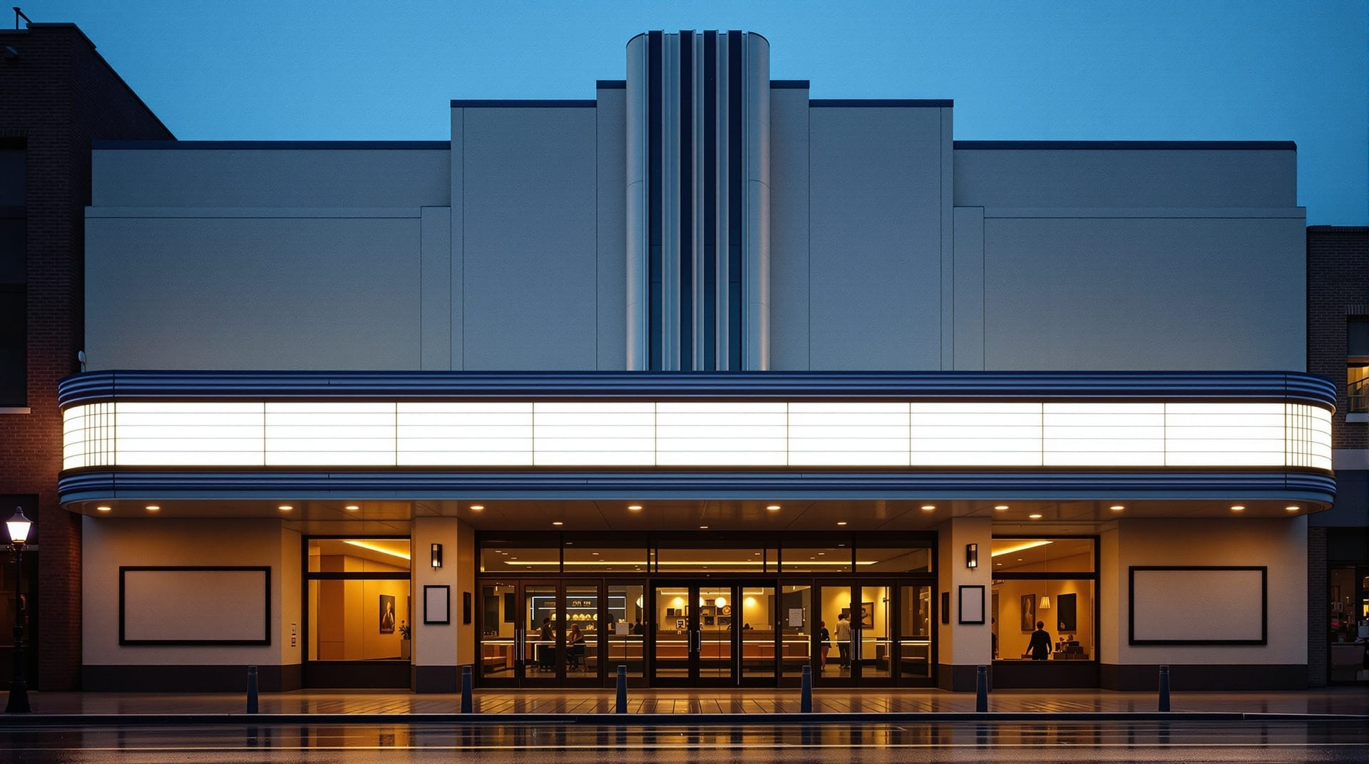 A restored 1930s cinema facade with a blank marquee on an urban street at dusk