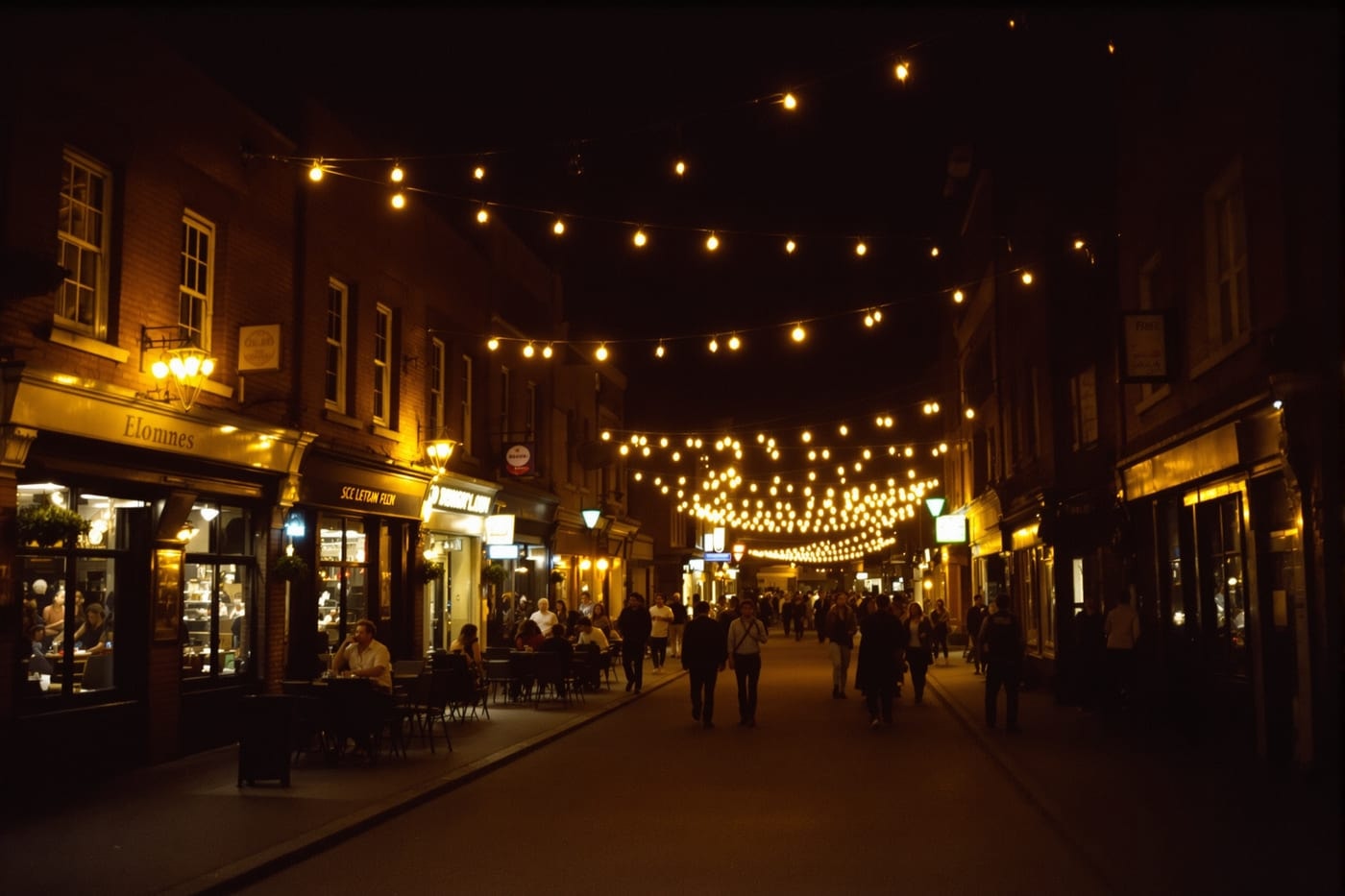 A lively evening street of bars and small venues with warm lighting and people on the pavement