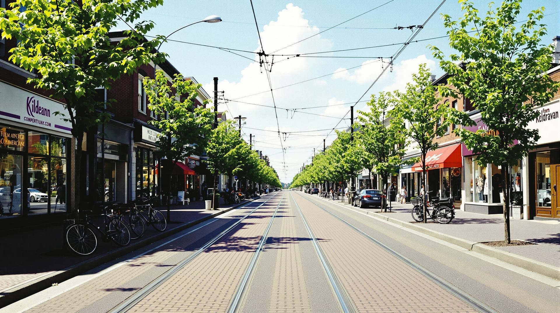 Streetcar rails and overhead wires running down the centre of a low-rise commercial street
