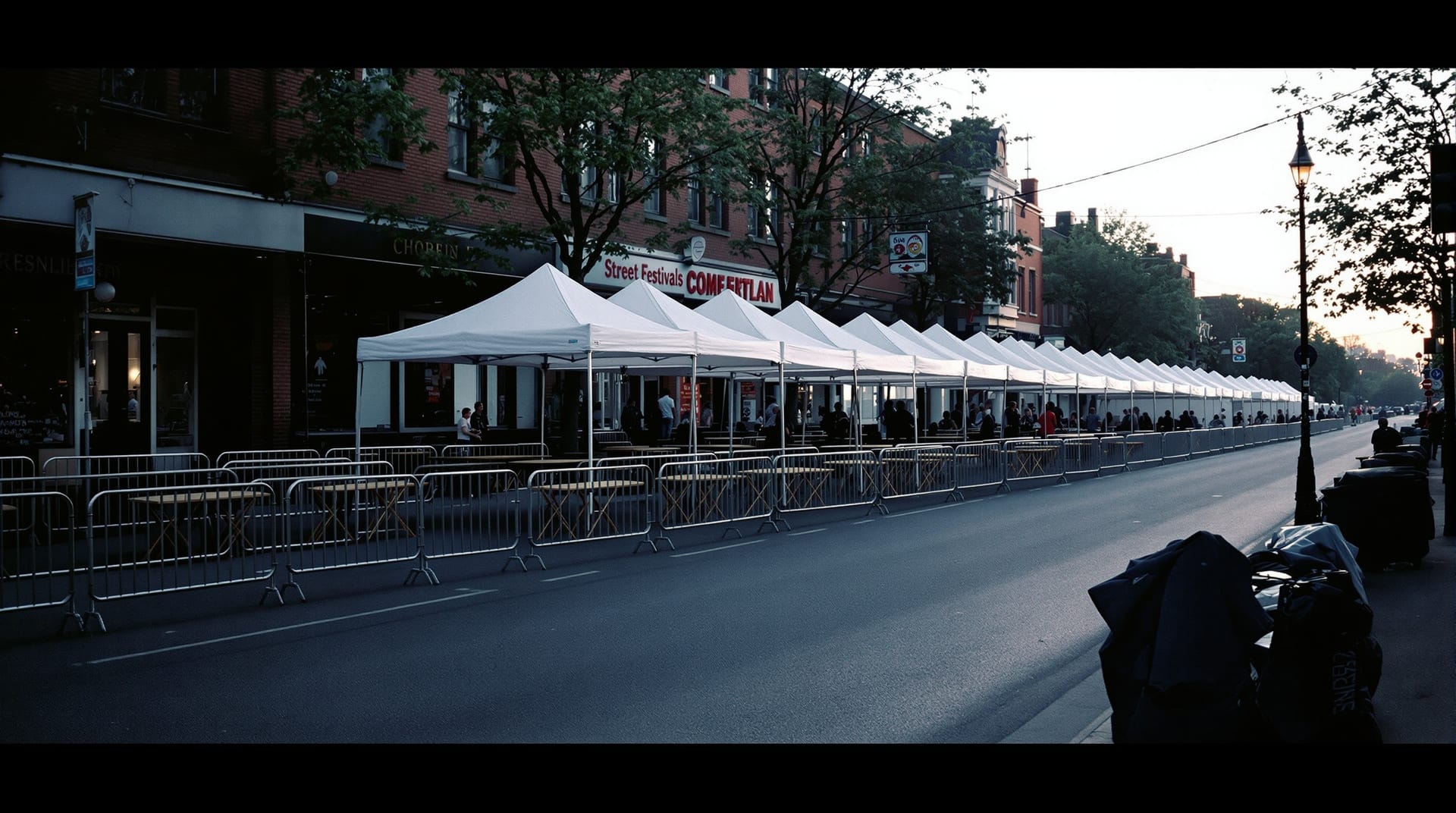 Empty white vendor canopies and barriers set up along a closed street before an event opens