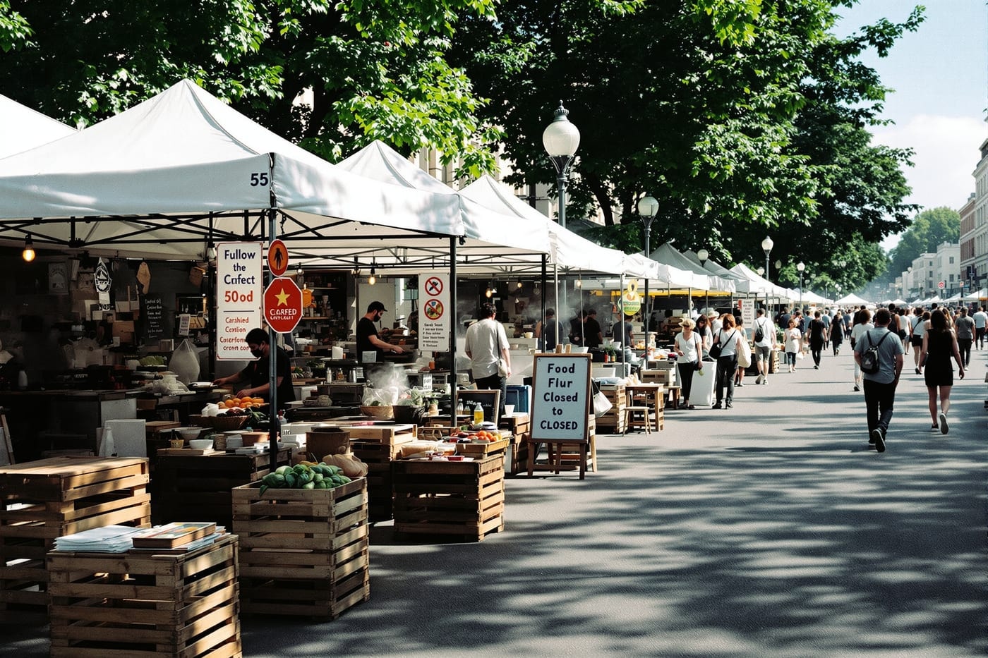 A row of food and craft stalls along a closed street with a scattering of visitors