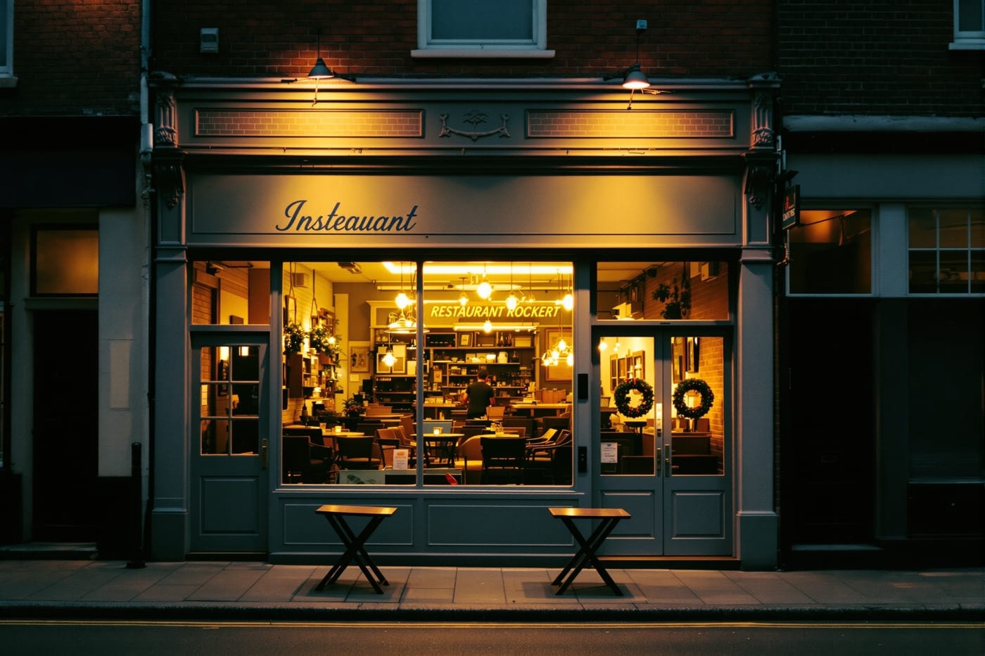 A small independent restaurant frontage on a low-rise urban street in the evening