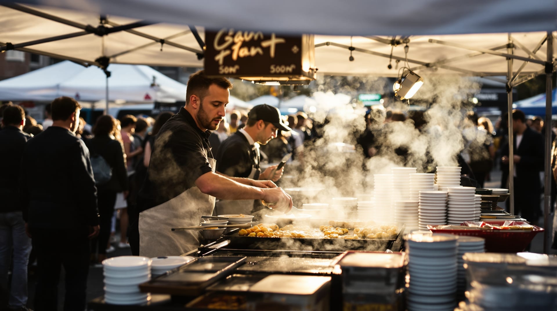 A street food stall with a griddle and steam under a canopy at an outdoor event