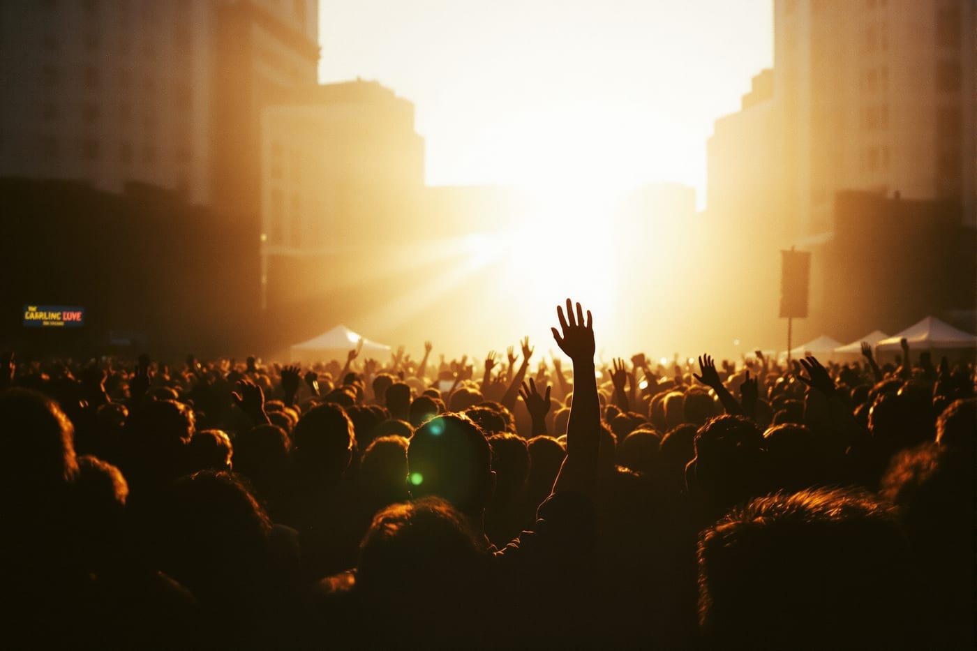 A dense outdoor crowd with hands raised in front of a stage at golden hour