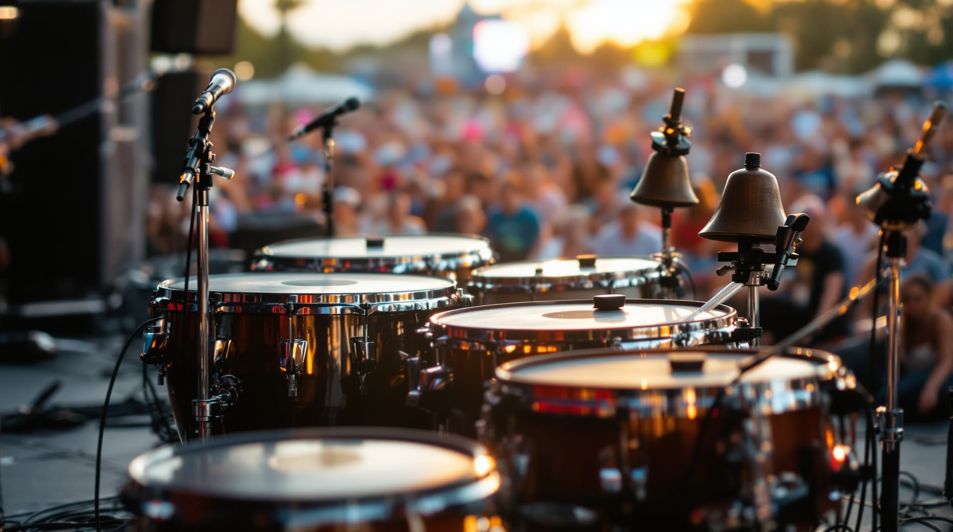 Congas, timbales and cowbells set up on an outdoor stage under warm light