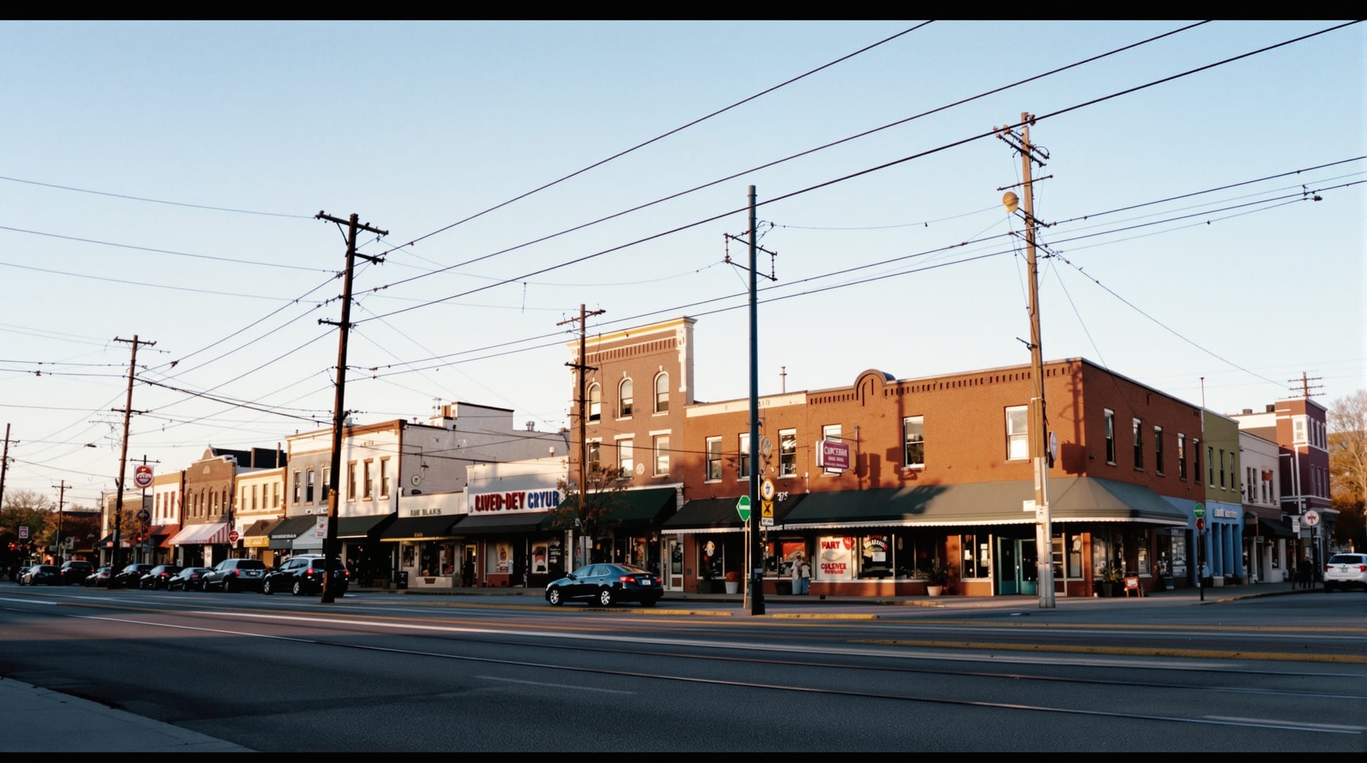 Late-afternoon light along a low-rise urban commercial street with brick storefronts and streetcar tracks
