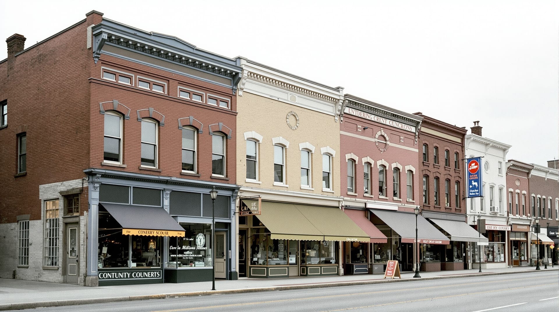 A long row of early twentieth-century two-storey commercial buildings on an urban main street