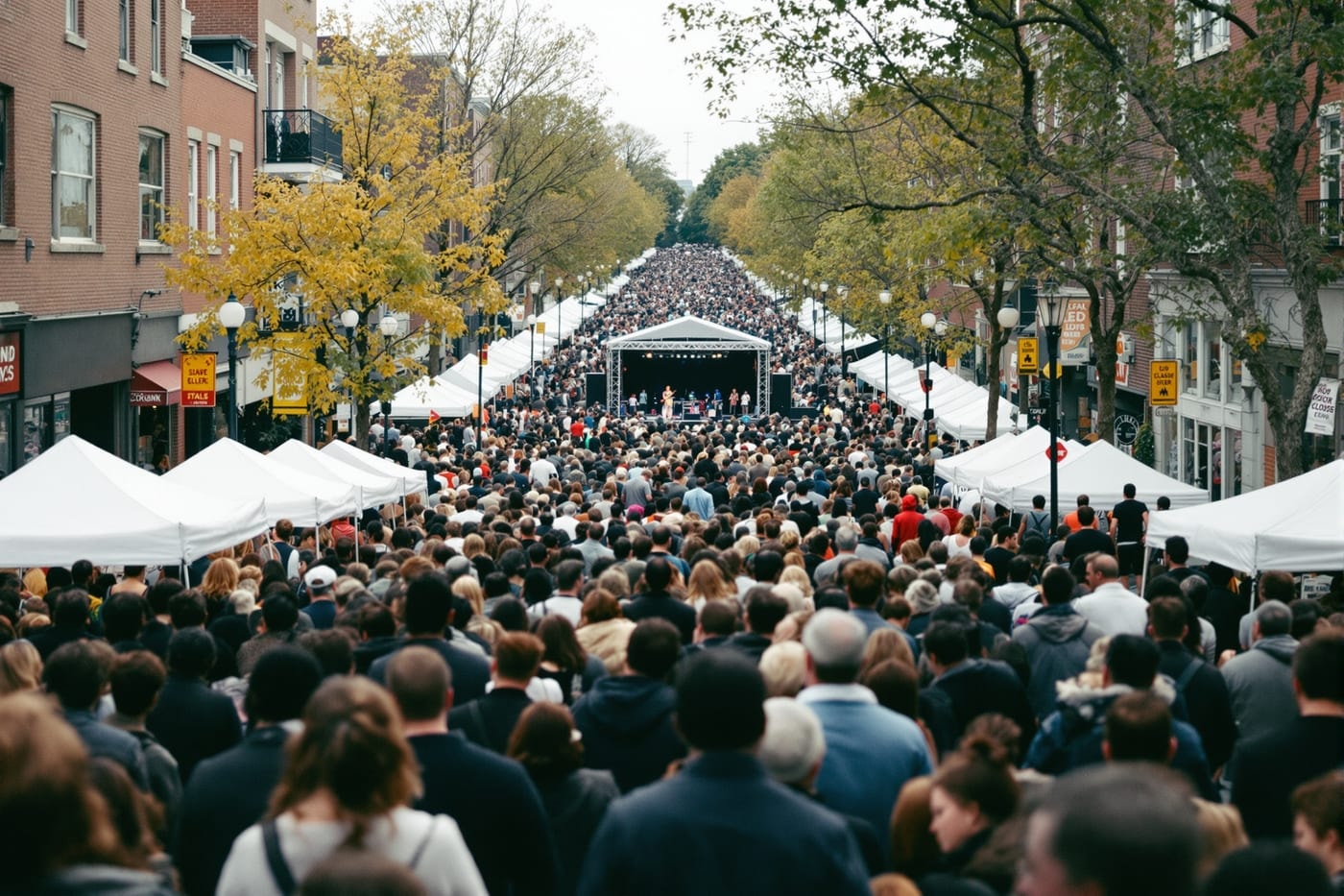 A city street closed to traffic and filled with festival crowds, canopies and a distant stage