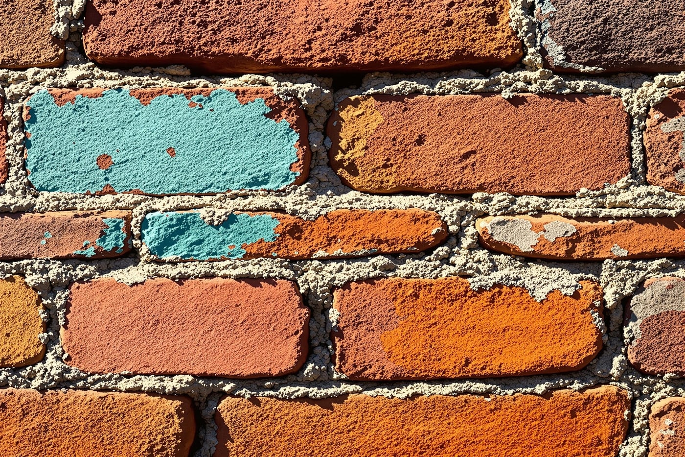 Close detail of weathered painted brickwork showing layered colour and texture