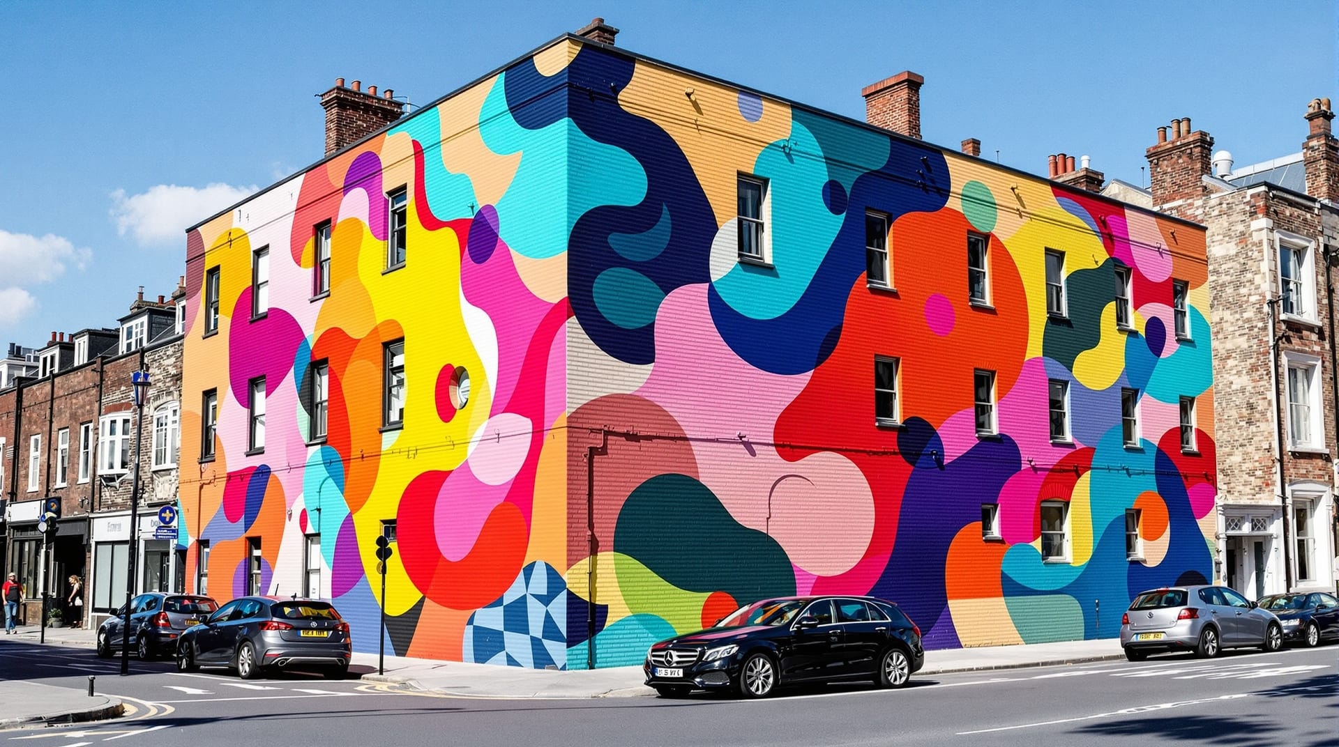 A large colourful abstract mural covering the exposed brick side wall of a corner building