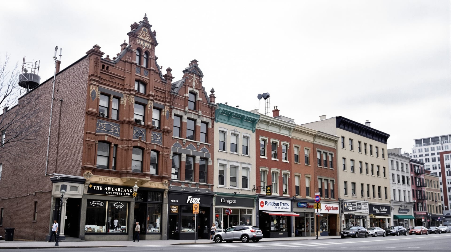 A city block showing pre-war commercial buildings beside plain modern infill construction
