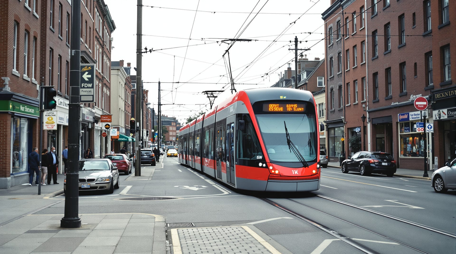 A modern red streetcar on rails in the middle of a low-rise urban commercial street