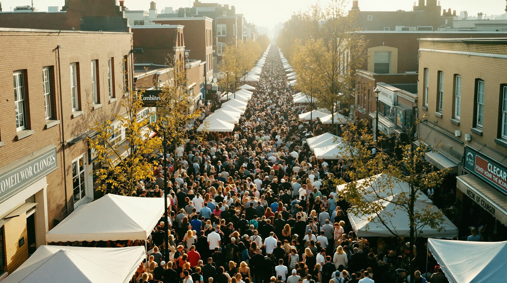 A dense but good-natured crowd filling a closed city street between rows of stalls